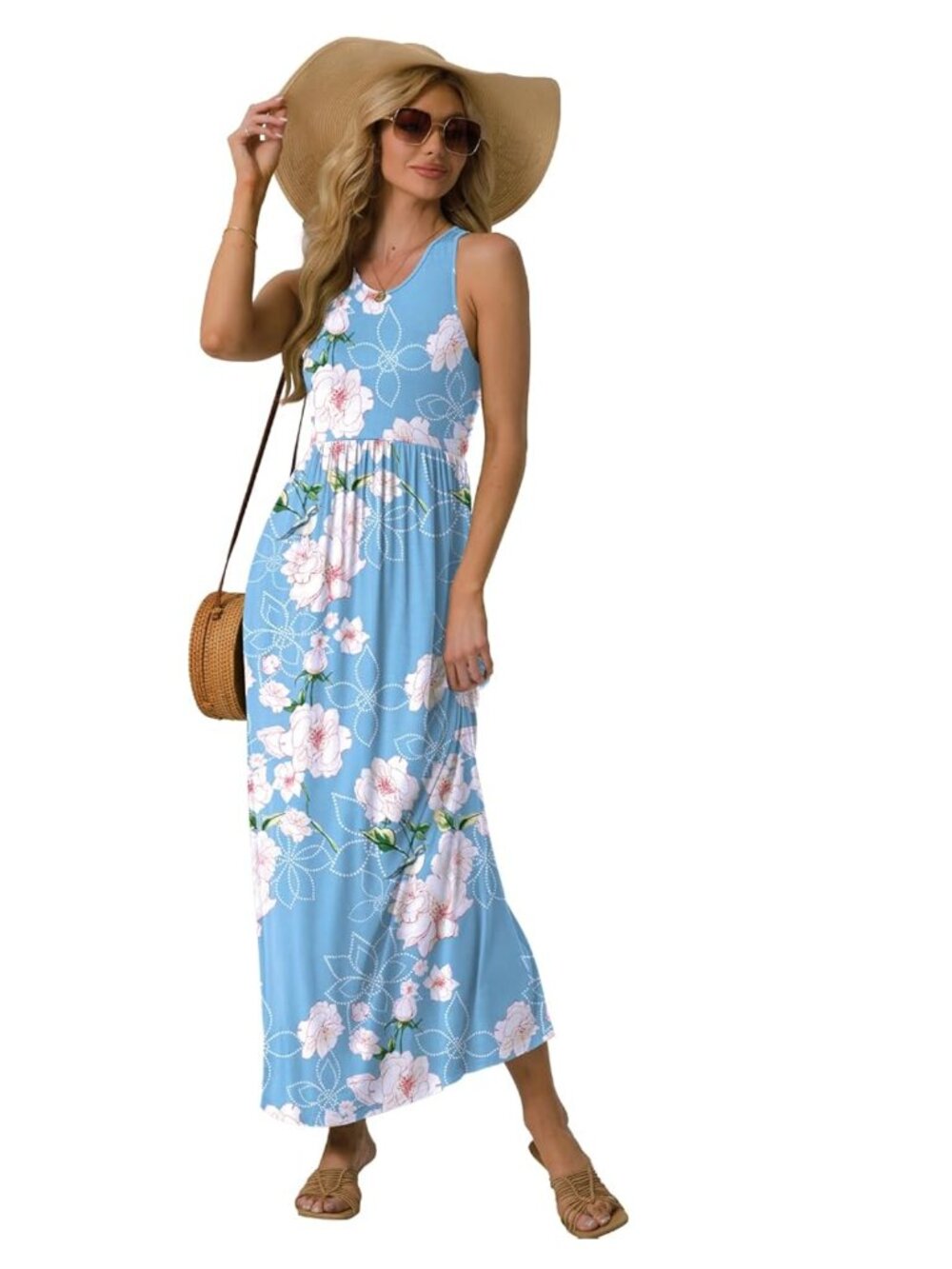 Blue Floral Sleeveless Maxi Dress With Pockets - Sz M